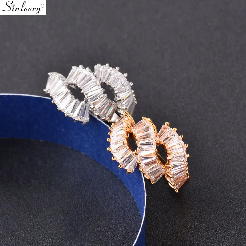 

SINLEERY Unique Three Layer Geometric Wedding Rings Yellow Gold Silver Color Inlay Cubic Zirconia Rings Women Jewelry JZ053 SSB