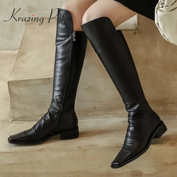 

Krazing pot genuine leather square toe med heel pleated winter shoes Korean street pretty girls daily wear knee-high boots L92