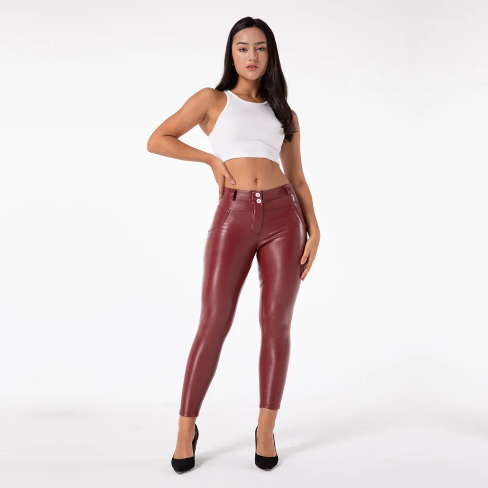 Shascullfites Enhancing Fitness PU Leggings Burgundy Push Up Slim Pants Faux Leather Pants Trousers Streetwear Booty Lift Pants