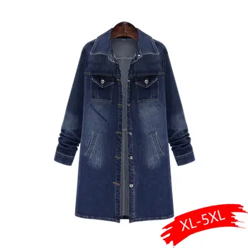 

Plus Size Denim Jacket Women Slim Stretch Autumn New XL-5XL Large Size Jackets Long Sleeve Turn-down Collar Pocket Causal Coats