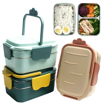 

Double-layer Stainless Steel Insulated Lunch Box Portable Student Noodle Bowl with Tableware Microwavable Cute Bento Boxes