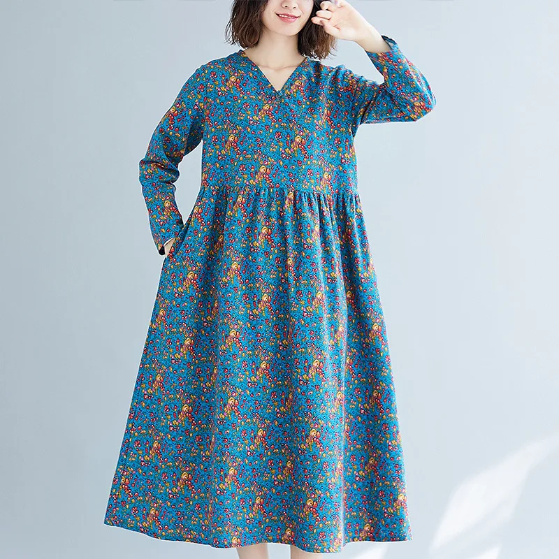 

2020 Spring New Style Ethnic-Style Mid-length Large Size Dress Loose Cotton Linen Printed Long Sleeve A- line Dress Women's