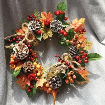 

12Inch Decoration Ornament Christmas Wreath Artificial Pine Cones Berries And Maple Leaves Holiday Hanging Front Door d