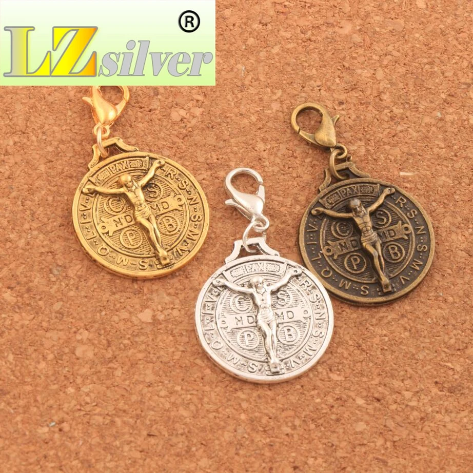60PCS Zinc Alloy  Saint Jesus Benedict Nursia Patron Medal Crucifix Cross Clasp European Lobster Trigger Clip On C1658