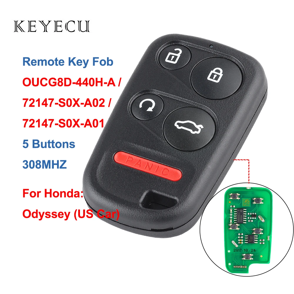 Keyecu дистанционный ключ-брелок от машины 4+ 1 кнопки FSK 308 МГц для Honda Odyssey 2001 2002 2003 2004 американские автомобили, OUCG8D-440H-A/OUCG8D440HA