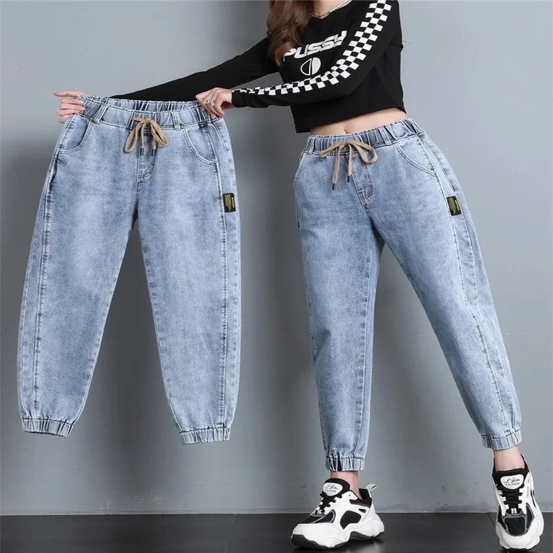 Women's Harem Pants Nine-point Beam Jeans Small Spring and Summer 2021 Loose and Thin, High Elastic Waist Mother Jeans women s jeans 2021 new spring and autumn plus size korean style high waist drawstring harem pants loose feet woman jeans