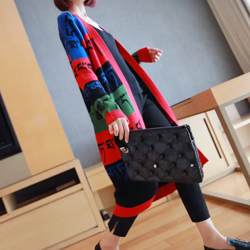 Korean Loose Hit Color Letter Sweater Coat Female Autumn Winter Ladies Fashion Large Size Long Knit Cardigan Chaqueta f2052