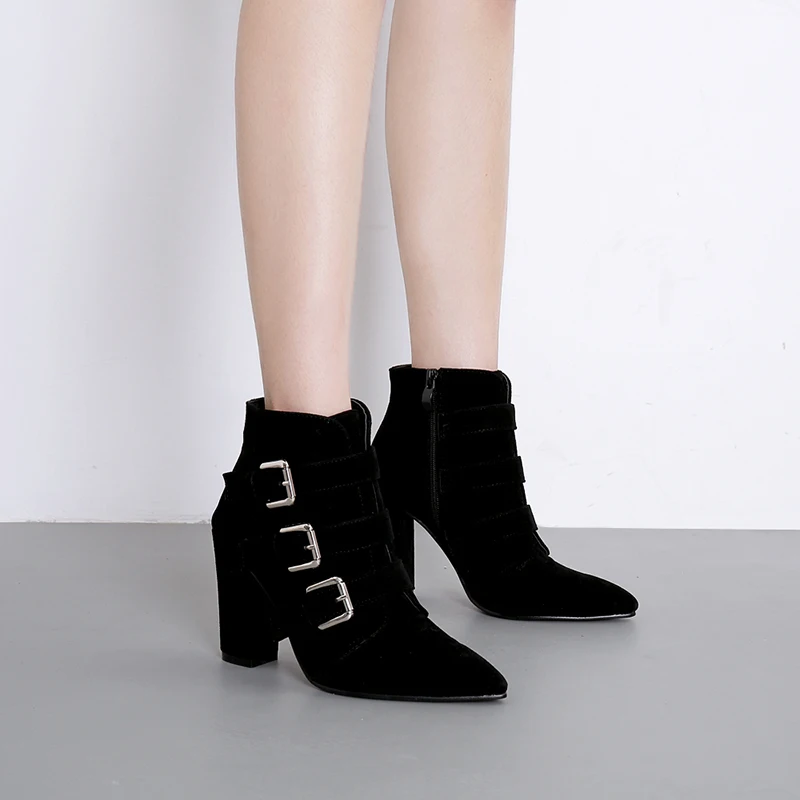 

Ankle Boots Woman Buckle High Heels Shoes Zip Short Knight Boots Ladies Motorcycle Boot Flock Pointed Toe Zapatos De Mujer Black