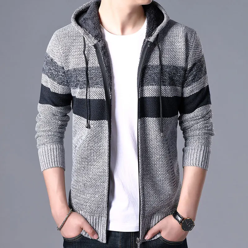 2020 Winter Men's Stripe Sweater Coat Fleece Hooded Full Zip Casual Jackets Thick Long Sleeve Knitted Wool Sweaters Casual Wear 2020 Winter Men's Stripe Sweater Coat Fleece Hooded Full Zip Casual Jackets Thick Long Sleeve Knitted Wool Sweaters Casual Wear