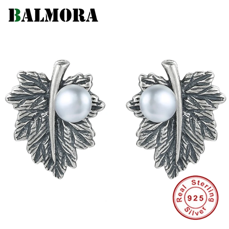 BALMORA, настоящее 925 пробы, серебряный лист и имитация жемчуга, Ретро стиль, серьги-гвоздики для женщин, подарок для влюбленных, элегантные, милые, модные, Bijoux
