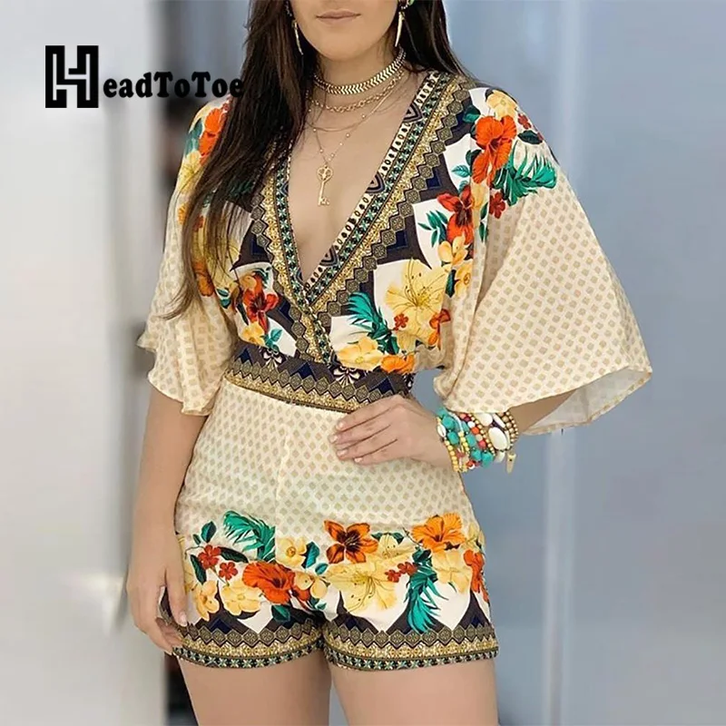 Deep V Neck Floral Half Sleeve Romper Women Playsuits Summer Casual One Piece Overalls Deep V Neck Floral Half Sleeve Romper Women Playsuits Summer Casual One Piece Overalls