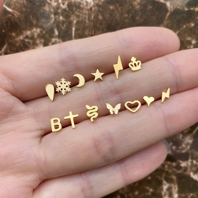 1Pc Tiny Dainty Stainless Steel Stud Earrings For Women Stretcher Snake Moon Star Heart Butterfly Piercing Earring Ear Cuff piercing jewelry,body piercing jewelry,body jewelry,ear piercing jewelry,body piercing earrings,metal jewelry,ear studs