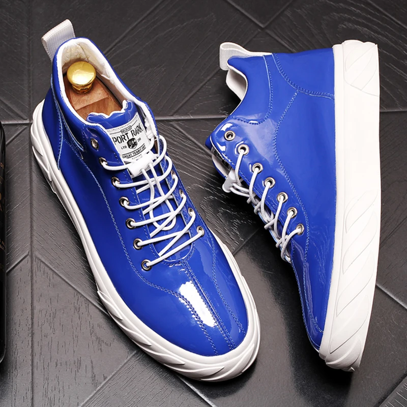 

Men Casual Shoes Men Fashion Patent Leather Sneakers Men Boots Casual Leather Boots Spring Autumn High Top Casual Men Shoes