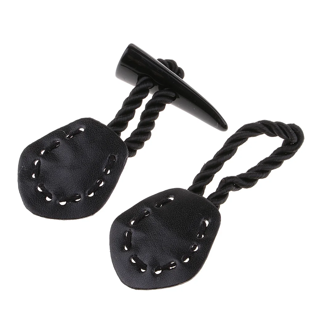 Pair Vintage PU Leather Duffle Horn Toggle Button For Craft Jacket Coat with Stitching Holes, Easy to Sew