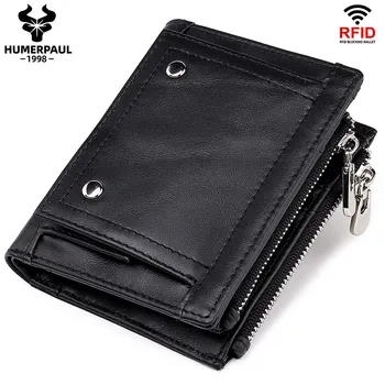 

New fashion men wallet with coin purse cow leather vintage RFID card holder small billfold for man top quality male zipper walet