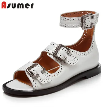 

ASUMER 2020 spring summer newest gladiator sandals women genuine leather shoes buckle fashion casual shoes ladies flat sandals