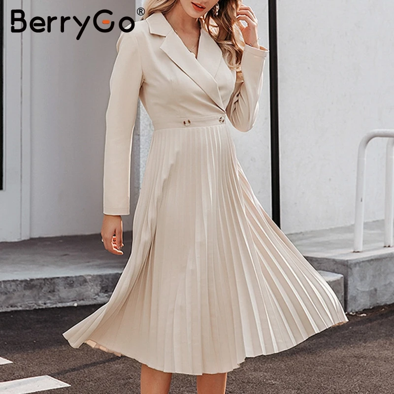 BerryGo элегантное однотонное длинное платье женская уличная одежда с длинным рукавом осеннее шикарное вечернее платье сексуальное Плиссированное женское офисное платье с отворотом