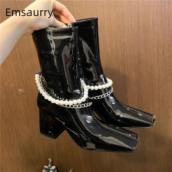 

Pearl Ankle Boots Women Unique Hoof Heel Square Toe Side Zip String Bead Chains High Heel Autumn Winter Boots Woman