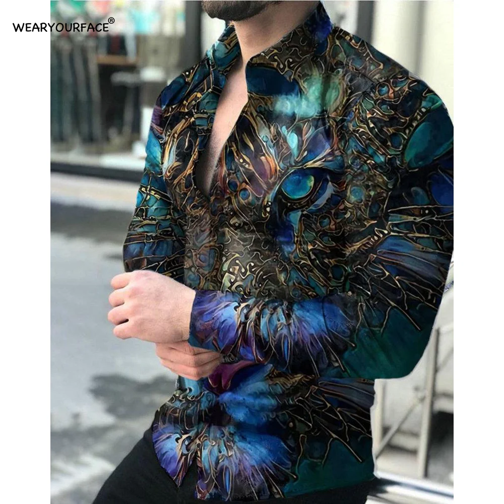Tiger Skull Palm Leaf 3D All Over Printed Hawaiian Button Up Shirts Full Sleeve Streetwear Vocation Casual Men Clothing