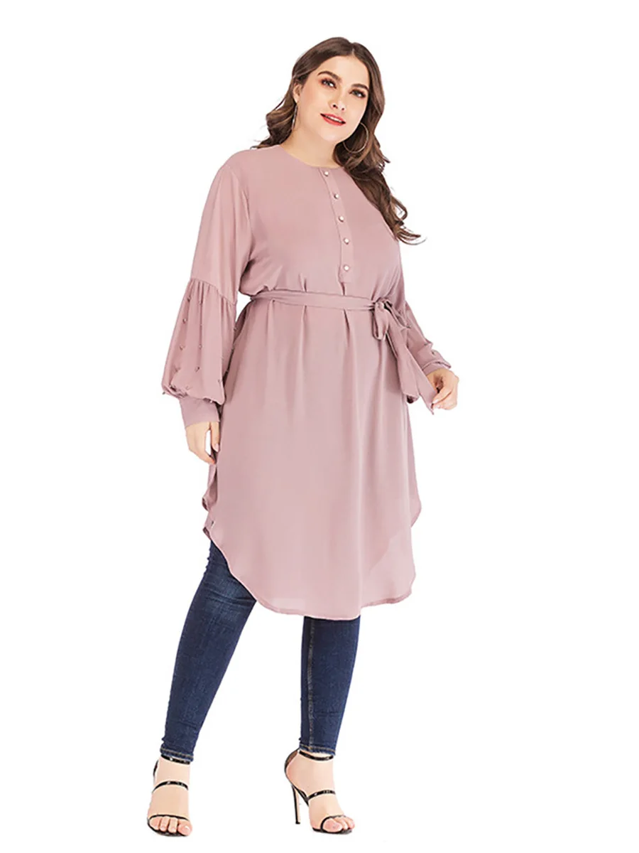 2072#Plus Size Fashion Design Blouse Mujer Chiffon High Quality Belt Tied Waist - CHAOMENG MUSLIM SHOP