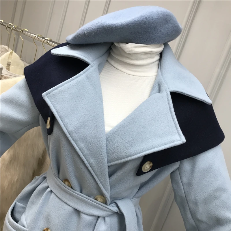 [EWQ] весеннее Новое винтажное плотное теплое пальто с отстегивающимся Шалем, с длинным рукавом, двубортное, на бретелях, средней длины, тонкое шерстяное пальто QZ010