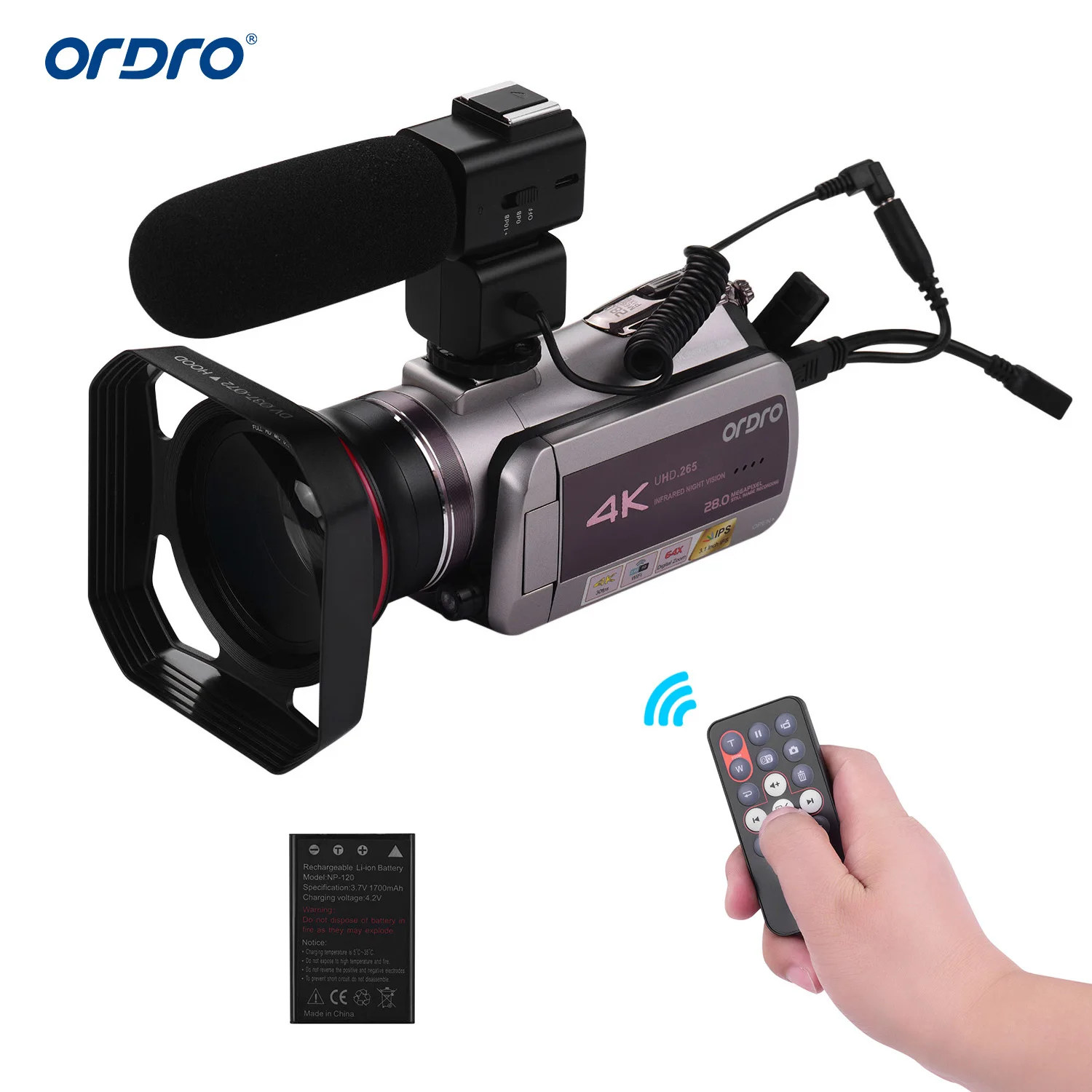 ORDRO фотография настоящая 4K UHD 30FPS WiFi цифровая видеокамера 3.1In ips 64X 0.39X супер широкоугольный объектив микрофон бленда объектива