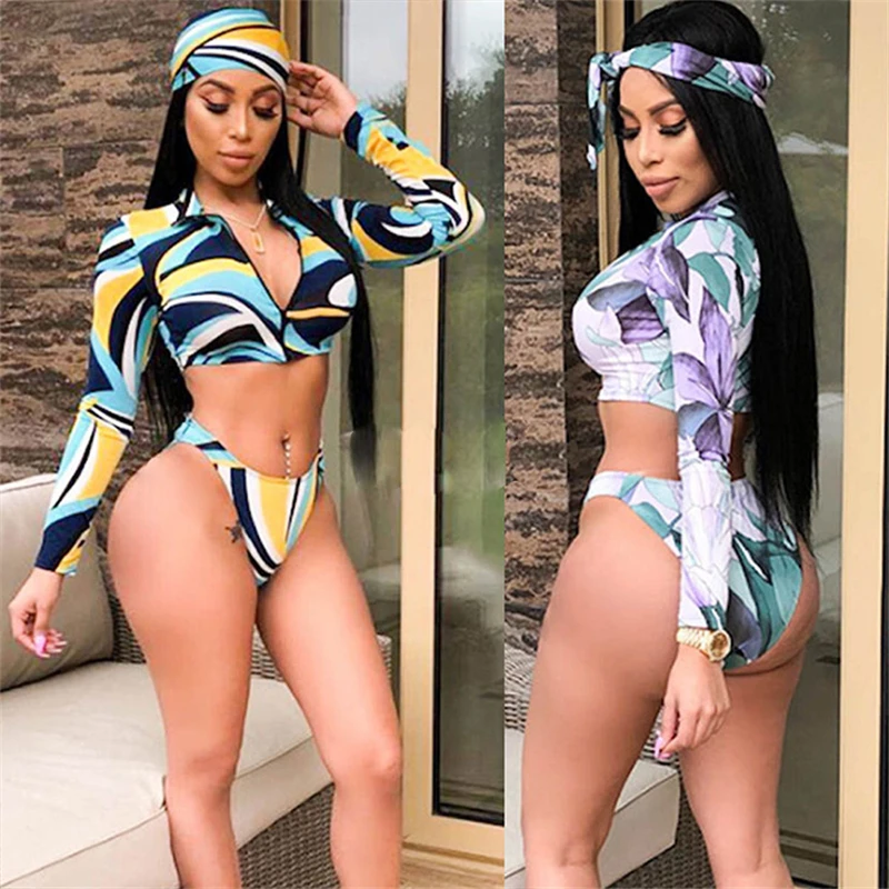

2019 Long Sleeve Women Two-piece Separate V Neck High Leg Swimwear Print scarf Two Pieces Zipper Swimming Suit LHOM89146027