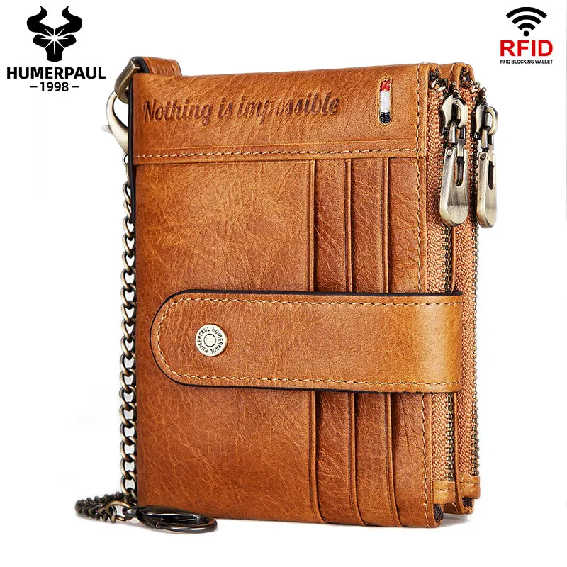 

HUMERPAUL Men Wallets Slim Leather Bifold Hasp Short Male Purse Coin Pouch Multi-functional Cards Wallet Chain Bag Quality