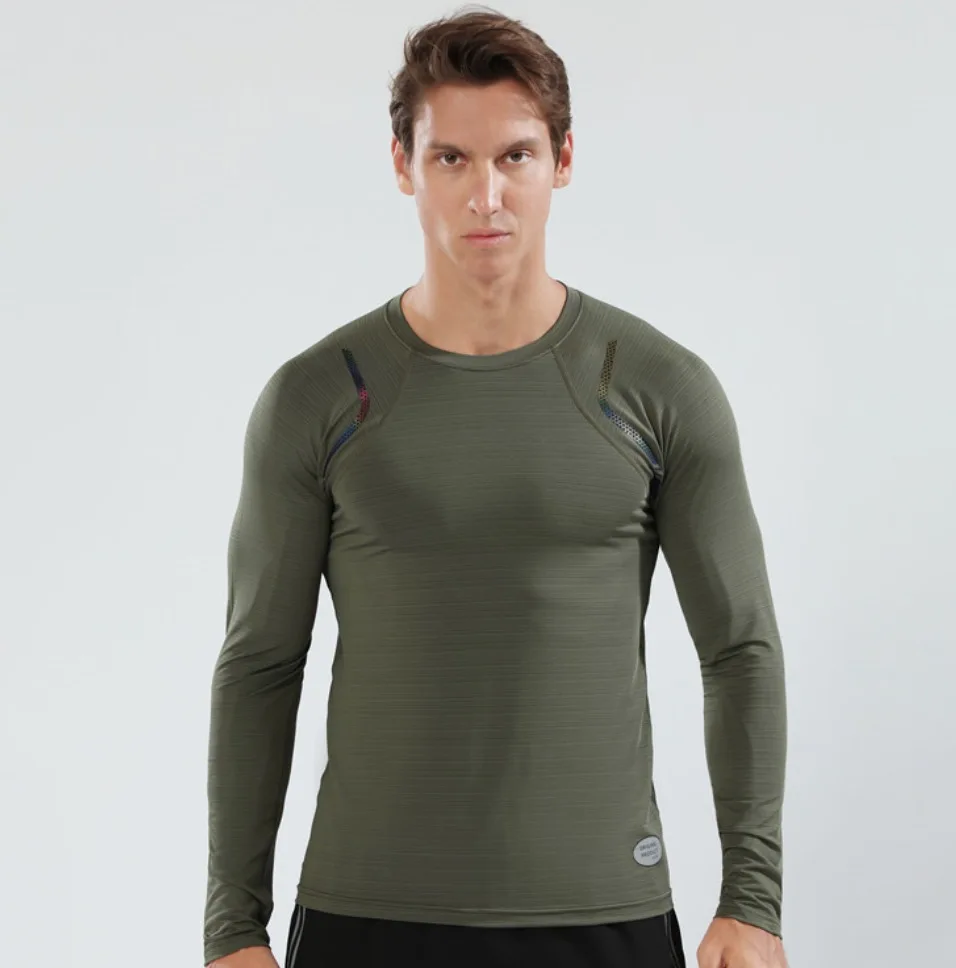 Army green EF90115 Для мужчин s печати быстросохнущая Фитнес Спортивная футболка с длинным рукавом одежда для занятий спортом, в тренажерном зале топ, футболка Для мужчин футбол Джерси для велосипедной езды, спортивная - Цвет: Army green