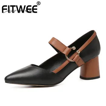 

FITWEE Vintage Women Real Leather High Heel Shoes Women Ankle Strap Pointed Toe Thick Heel Pumps Office Ladies Shoes Size 34-39