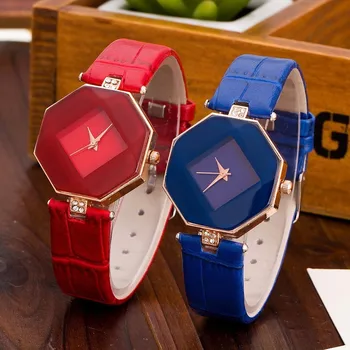 

Dropshipping Women Leather Gem Cut Geometry Crystal Watch Fashion Ladies Quartz Clock Relogio Feminino Hot