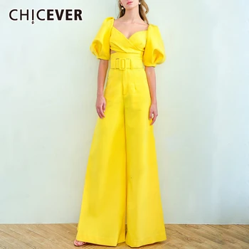 

CHICEVER Jumpsuits For Women Square Collar Lantern Half Sleeve High Waist Side Split Flare Pants Female Fashion 2020 New Clothes