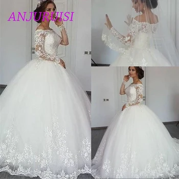 

ANJURUISI vestidos de novia Elegant Off the Shoulder Wedding Dresses Ball Gown Modest Long Sleeve Appliqued Tulle Bride Dress