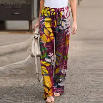 

S 5XL 2020 Autumn Floral Printed Wide Leg Pants ZANZEA Women Elastic Waist Cotton Linen Long Pantalon Trousers Kaftan Female