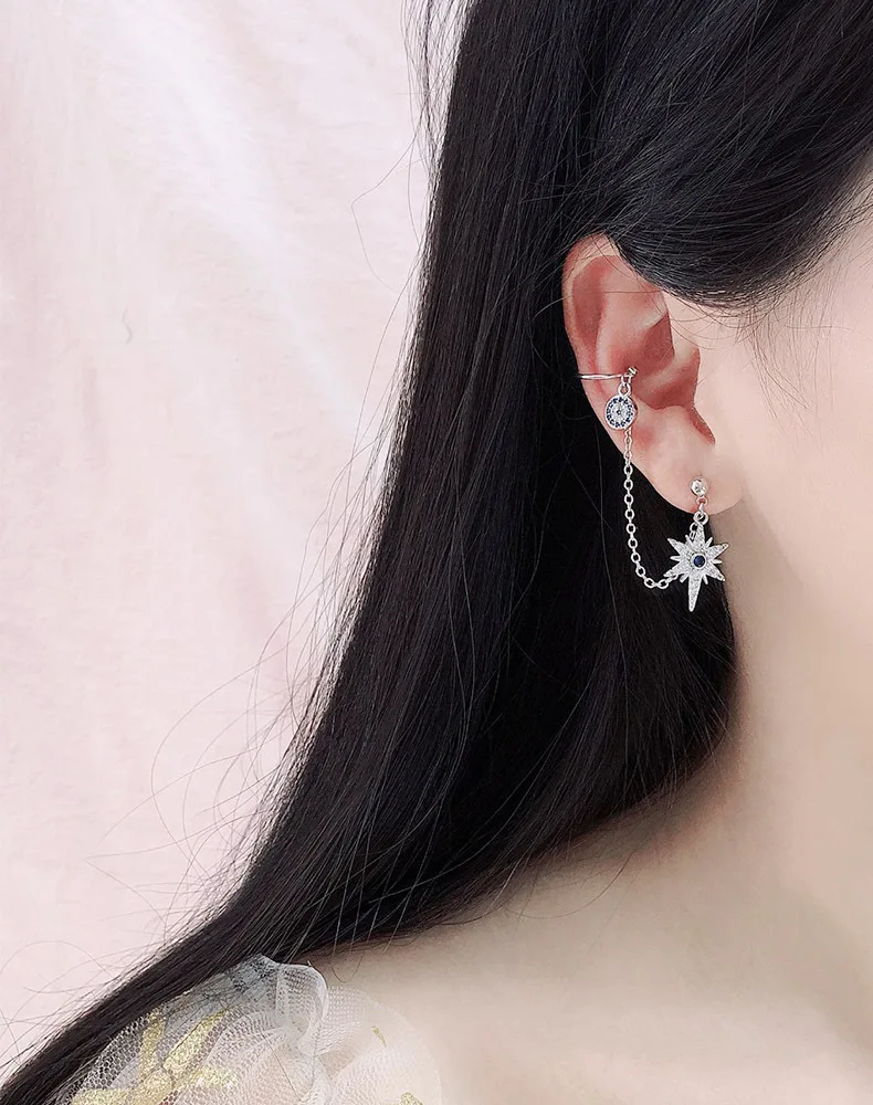 New Trend Cubic Zirconia Blue Eye And Star Asymmetric Earrings Luxury Brand Design Long Earrings For Women Fashion Jewelry