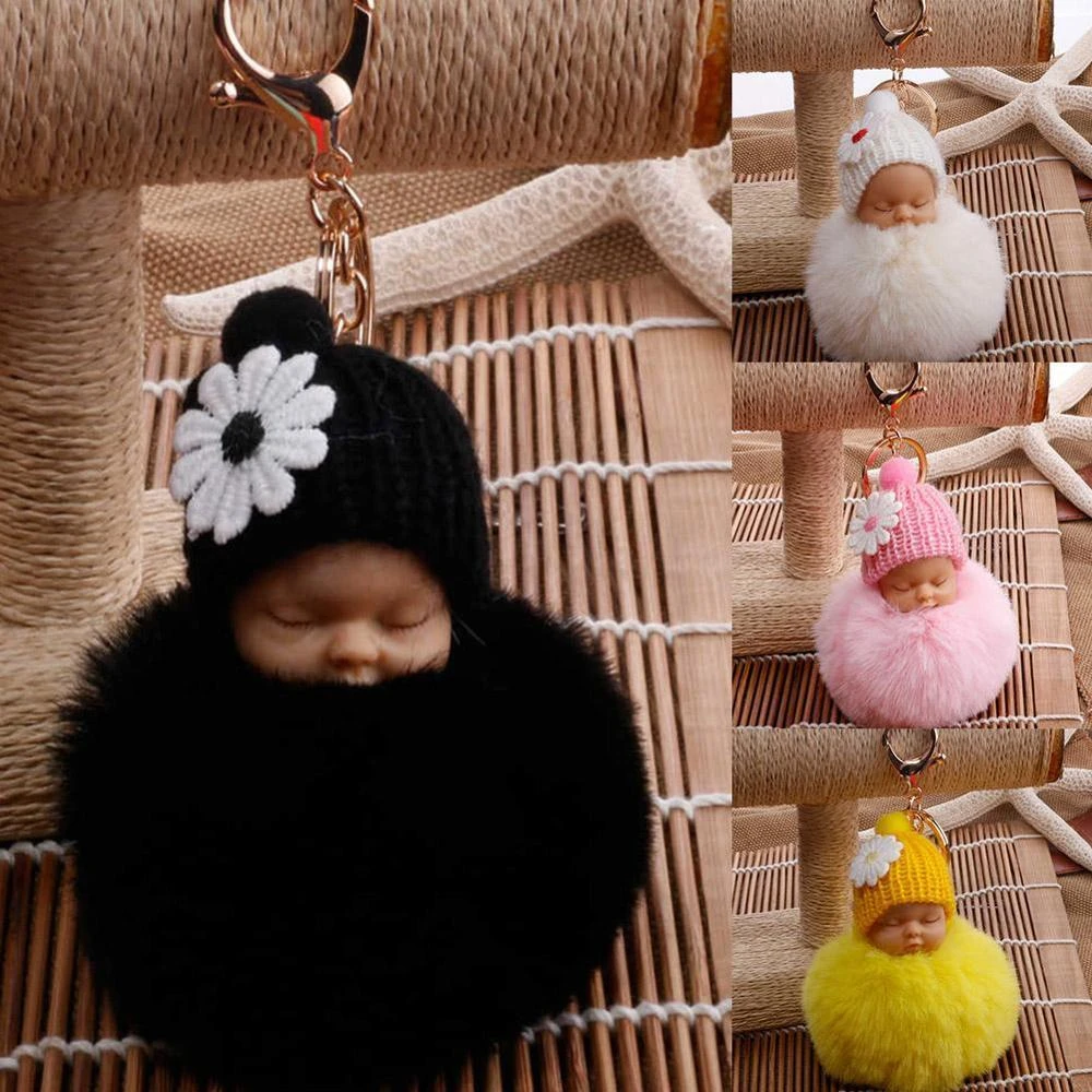 Sleeping Baby Doll Keychain Cute Fluffy Flower Pompom Rabbit Fur Ball Key Chain Fluffy Car Keyring Porte Clef Bag Key Ring Key Chains Aliexpress
