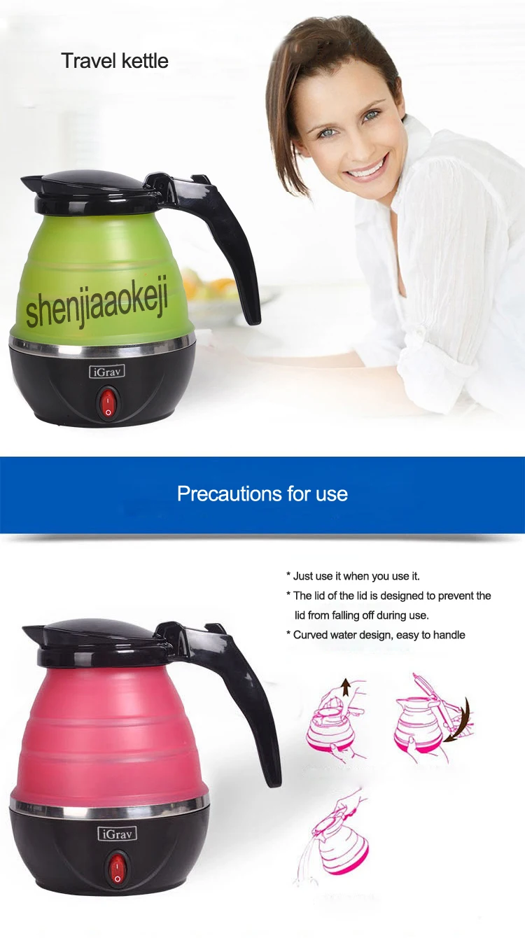 UpgradeFolding Travel water kettle Portable small capacity Stainless steel Mini hot water kettle Silicone electric kettle 220v