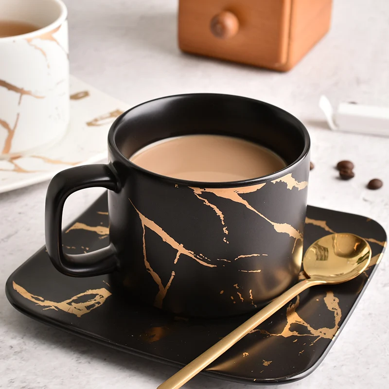 

Hot Sale Europe Style Marble Ceramic Coffee Mug Saucer Set Breakfast Tea Cup with Dish with Handgrip with Spoon Milk Mugs