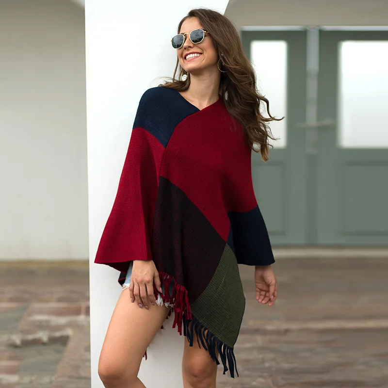 

women winter poncho cape womens sweaters asymmetrical Patchwork Long Tassel Pullover Ponchos 2019 new sweater capes one size