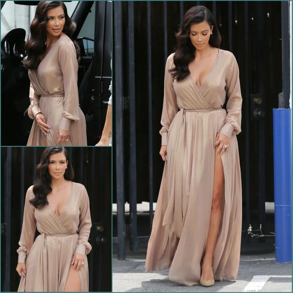 

Custom made V neck Long Sleeve 2018 sexy deep v-neck Champagne Silk Chiffon Cheap Evening gown mother of the bride dresses