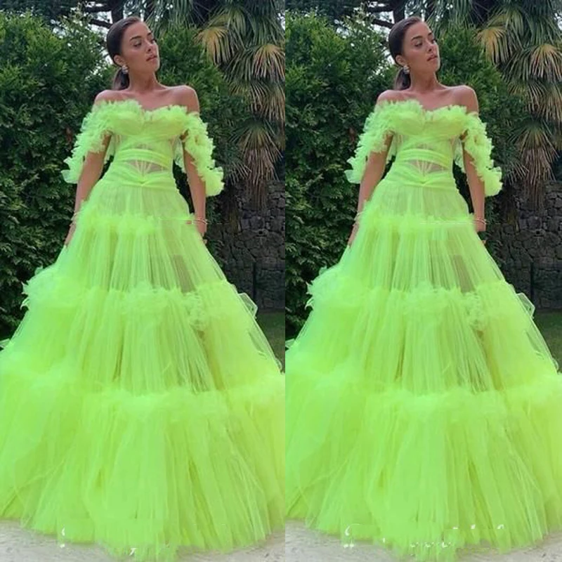 

Off Shoulder Fluorescence Color Ball Gown Prom Dresses Floor Length Party Tulel Dress Formal Evening Gown vestidos 2020 New