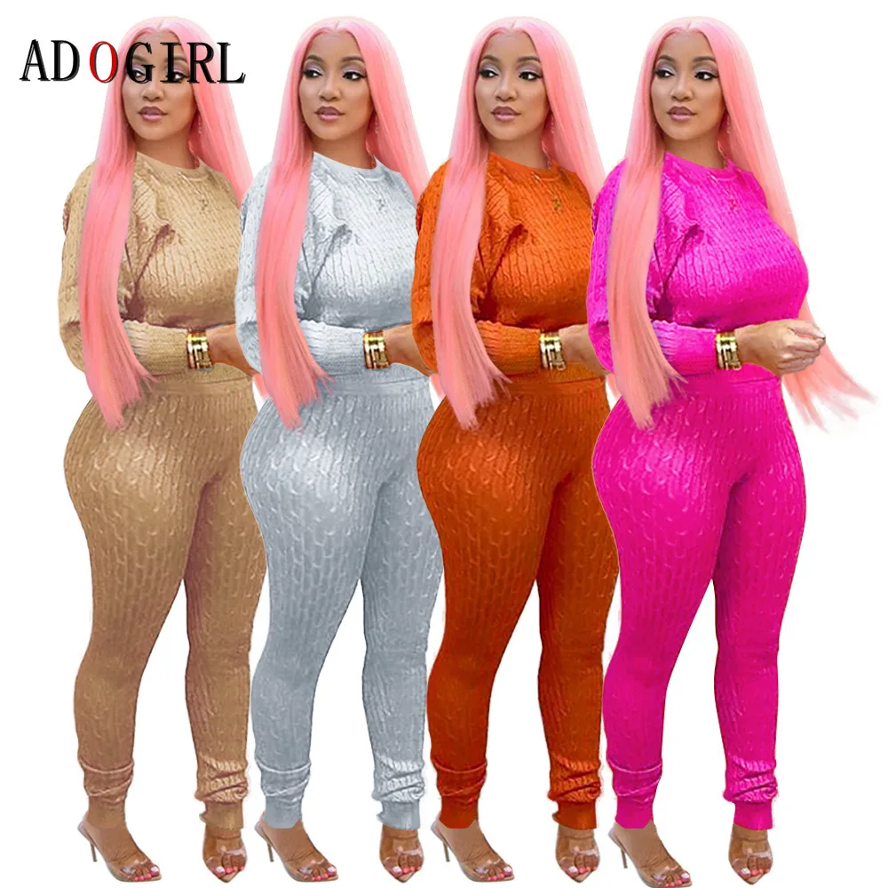 

Adogirl Women Two Piece Outfits Winter Warm Knitted Suit With Long Pants Elegant Sweater Pullover Matching Sets Tracksuits Plus