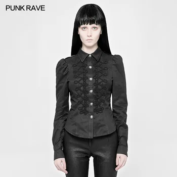 

PUNK RAVE Women Steampunk Retro Blouse Black Military Uniform Shirt Gothic Personality Floral Long Sleeve Party Blosue Shirt