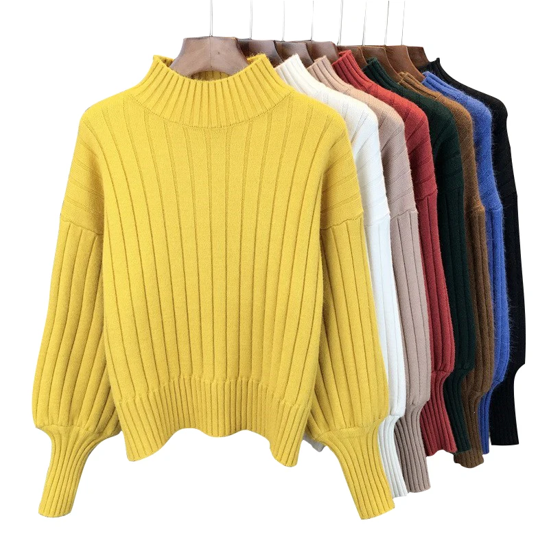 

SVOKOR Winter Sweater For Women Half-high Collar Lantern Sleeve Clothes Solid Casual Wild Female Pullovers Sweater Thick