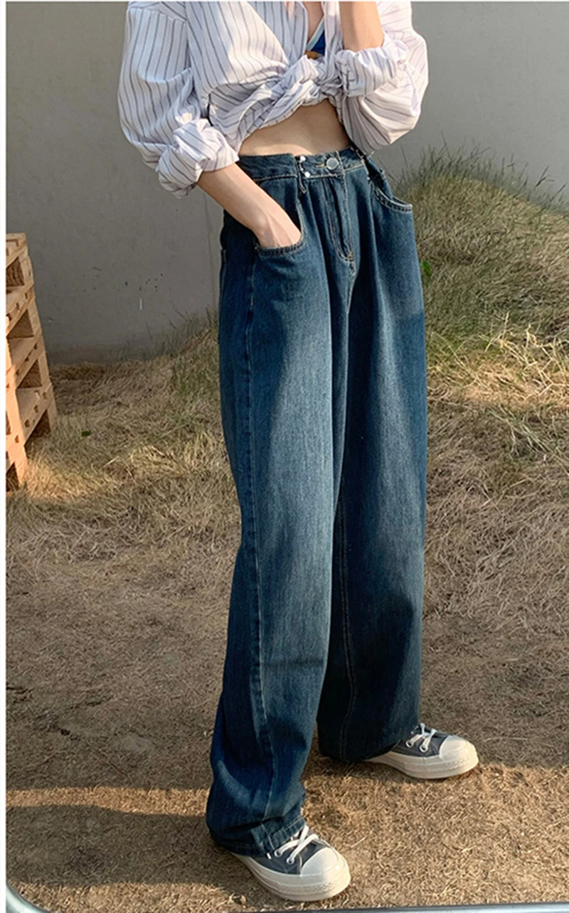 

High Waist Women Fashion Jeans Dark Blue Vintage Loose Wide Leg Denim Pants Long Casual Straight Trousers Baggy Jeans Streetwear