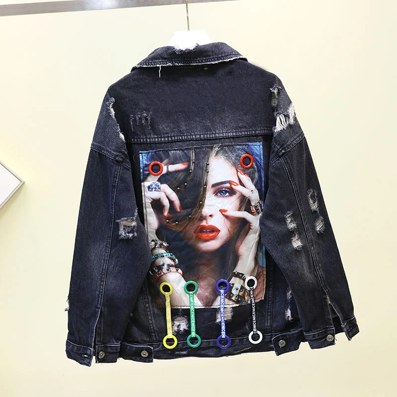 

2019 New Autumn Funny Cartoon Print Long Denim Jacket Women Vintage Streetwear Punk Style Jean Jacket casaco feminino Overalls