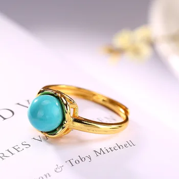 

Mom Gift Simple Open Cuff Adjustable Size Vermeil Gold Natural Gem Ring, Round Blue-to-Green Stone Antique Style Solitaire Rings