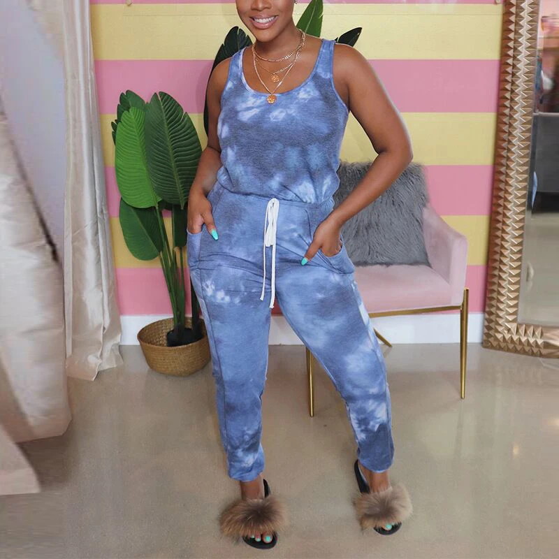 

Graffiti Jumpsuit Summer Two Colors Women U-neck Sleeveless Off-shoulder Bandage Casual Daily Rompers Long Pants Lady Streetwear