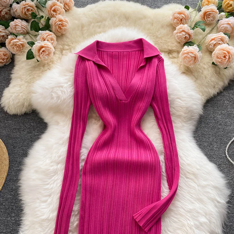 New Best Hot Sell SINGREINY Women Korean Knitted Dress Long Sleeve V ...