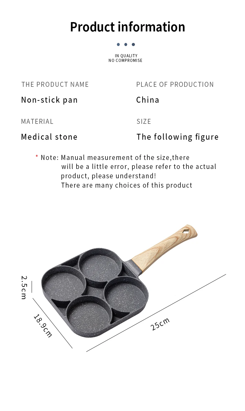 2/4 Hole Frying Pot Thickened Omelet Pan Black Non-stick Egg Steak Ham Pancake Wooden Handle Kitchen Cooking Breakfast Maker